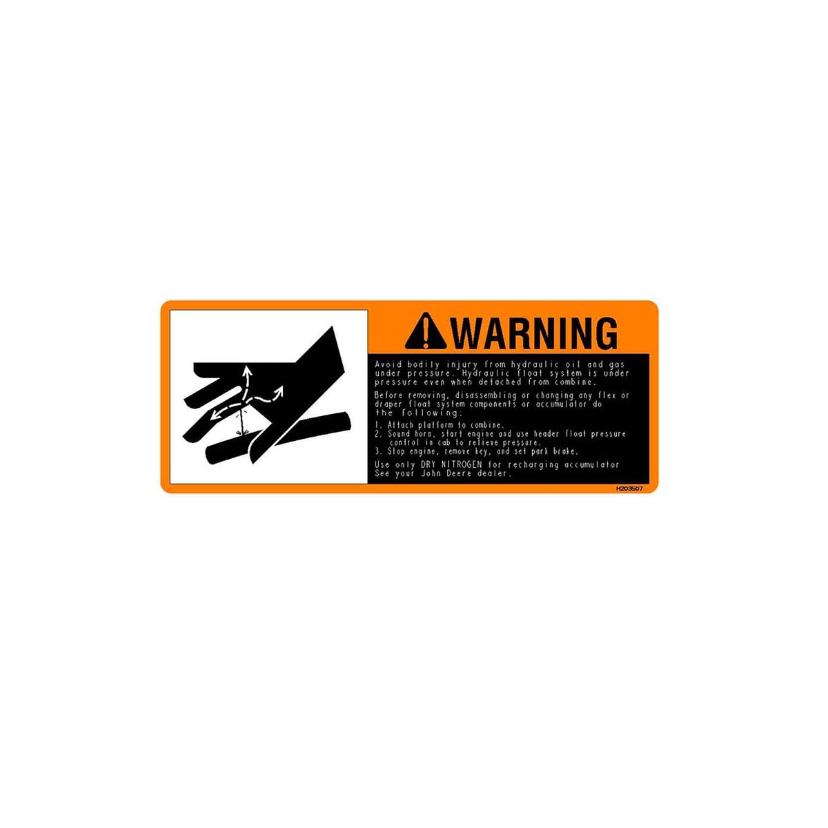 John Deere H203507: Accumulator Warning Label, English