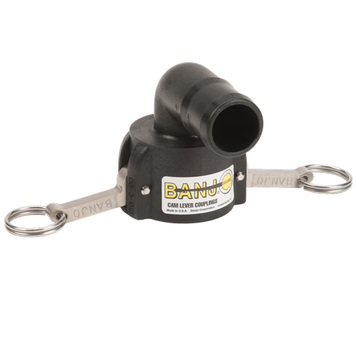 Banjo 150C90: 1 1/2" 90Â° Female Coupler X 1 1/2" Hose Shank Poly Cam Lever Coupling