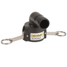 Banjo 150C90: 1 1/2" 90Â° Female Coupler X 1 1/2" Hose Shank Poly Cam Lever Coupling